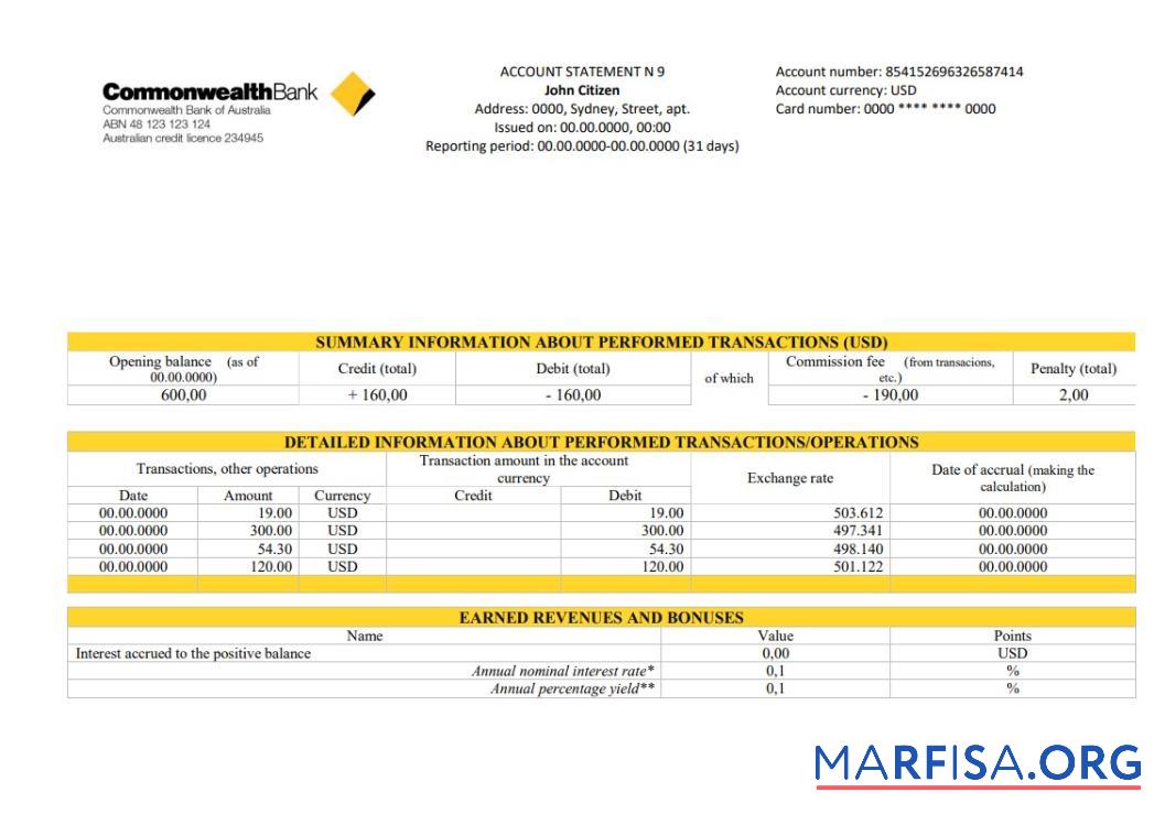 Downloadable Australia Commonwealth account proof of address bank statement example